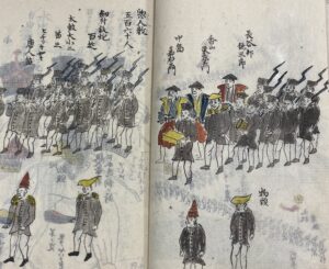 A view of the procession of Perry’s forces to the negotiation area, accompanied by Japanese chaperones.