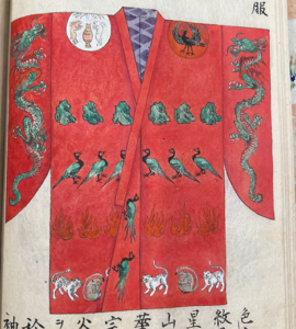 Red robe with birds and other animals on it