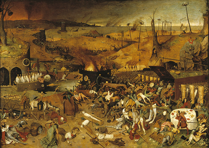 "The triumph of Death over mundane things is symbolized by a large army of skeletons razing the Earth. The background is a barren landscape in which scenes of destruction are still taking place. In the foreground, Death leads his armies from his reddish horse, destroying the world of the living. The latter are led to an enormous coffin with no hope for salvation. All of the social institutions are included in this composition and neither power nor devotion can save them. Some attempt to struggle against their dark destiny while others are resigned to their fate. Only a pair of lovers, at the lower right, remains outside the future they too will have to suffer. " (from Museo del Prado website)