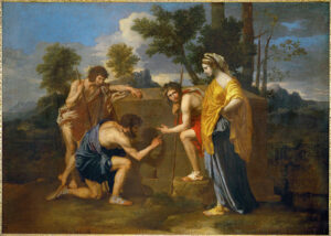 The painting Et in Arcadia Ego by Nicolas Poussin: "a pastoral scene with idealized shepherds from classical antiquity, and a woman, possibly a shepherdess, gathered around an austere tomb"