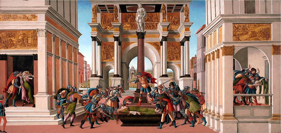 "The Story of Lucretia by Sandro Botticelli is a horizontal, rectangular painting made of tempera and oil on panel. Botticelli distilled Lucretia’s violent story into three episodes that take place in front of white columns and arched structures with gold panels along the sides." (description from Isabella Stewart Gardner Museum website)