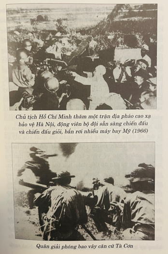 Two black and white photos, one showing Ho Chi Minh visits an artillery battery, and the other showing soldiers attacking a base
